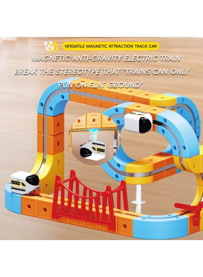 ماجني الاصحاب 147 PCS Versatile Magnetic Track Car Set – Gravity Defying Rail Track Building Blocks with USB Rechargeable Train, Bridges and Accessories for Kids STEM Creative Play - Image 4